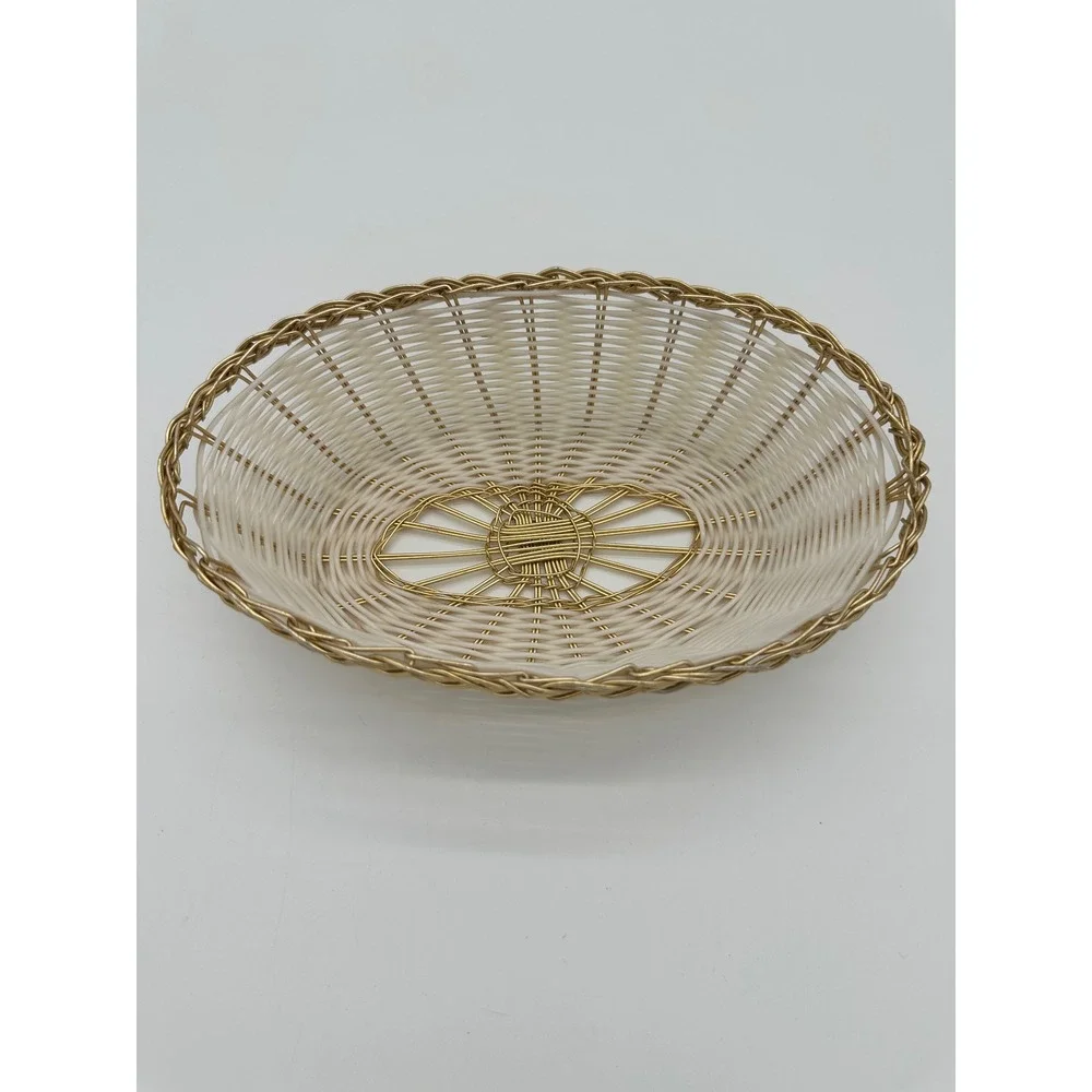 Vintage Oval Woven Wire Basket Hollywood Regency White Gold 9.5 inch